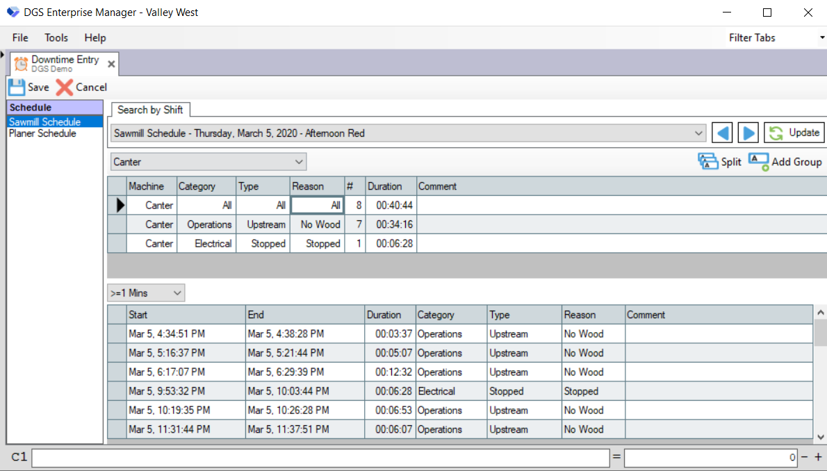 Select Sawmill Schedule